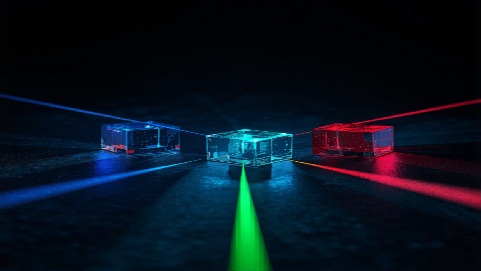 Optical beam splitter cube refracting light on laboratory bench