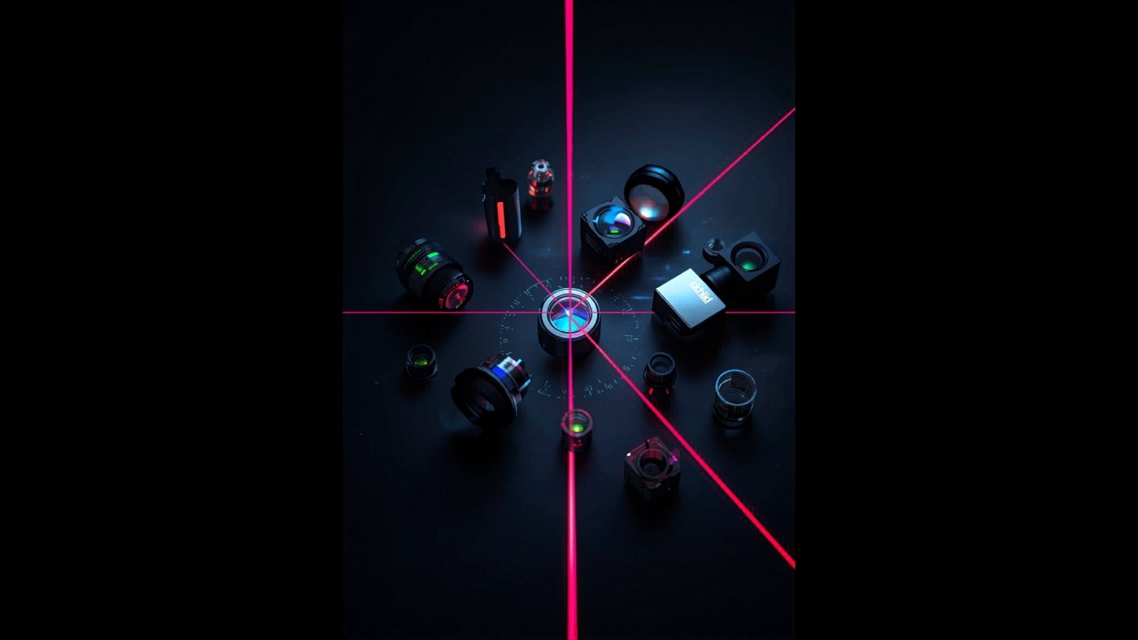 Laser beams passing through precision optical components in a photonics laboratory